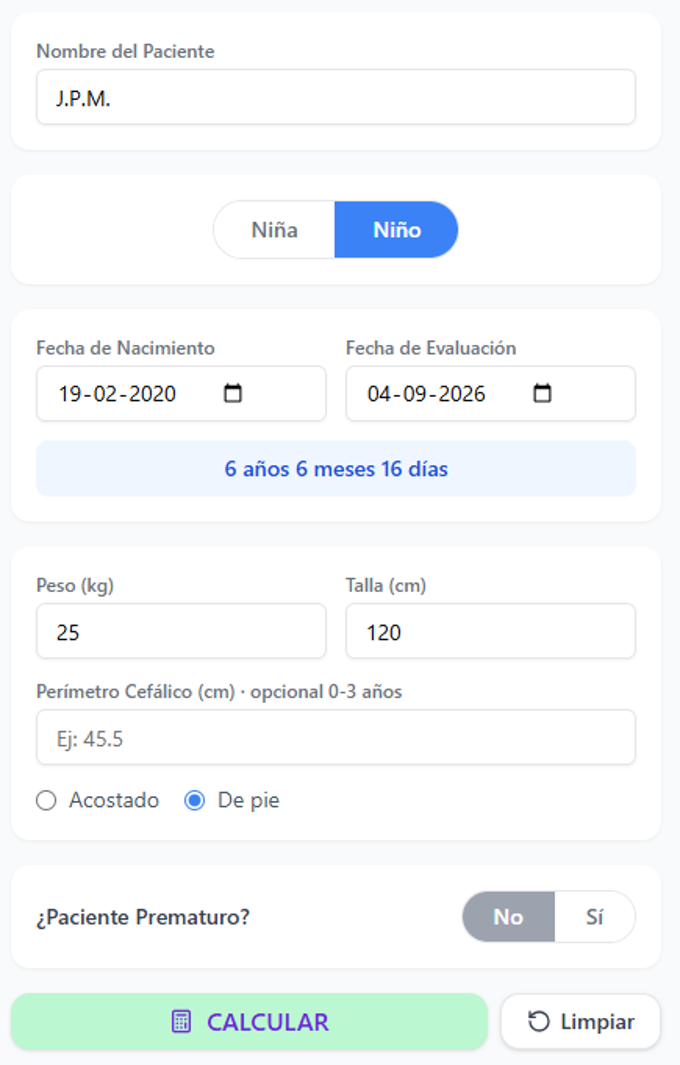 Formulario para ingresar los datos antropométricos del paciente