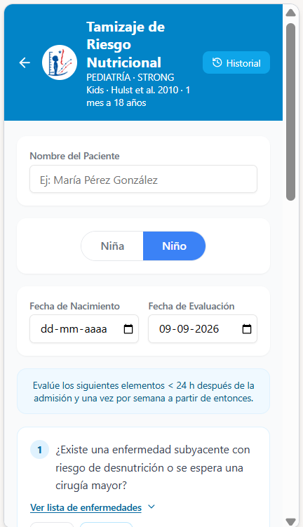 Formulario del módulo de tamizaje de riesgo nutricional pediátrico de AntroPed